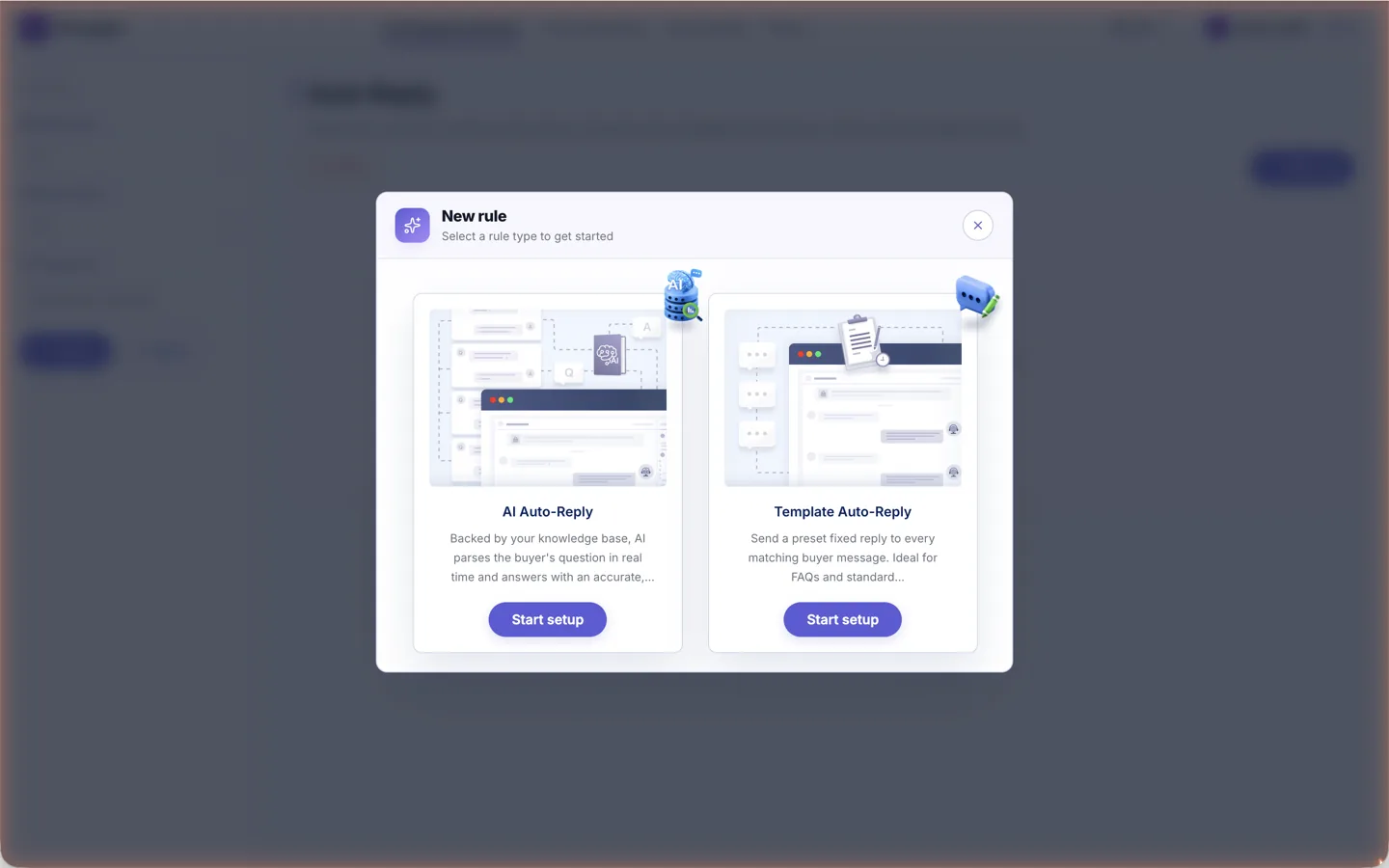 The Auto Reply page with the New rule dialog offering AI Auto-Reply and Template Auto-Reply
