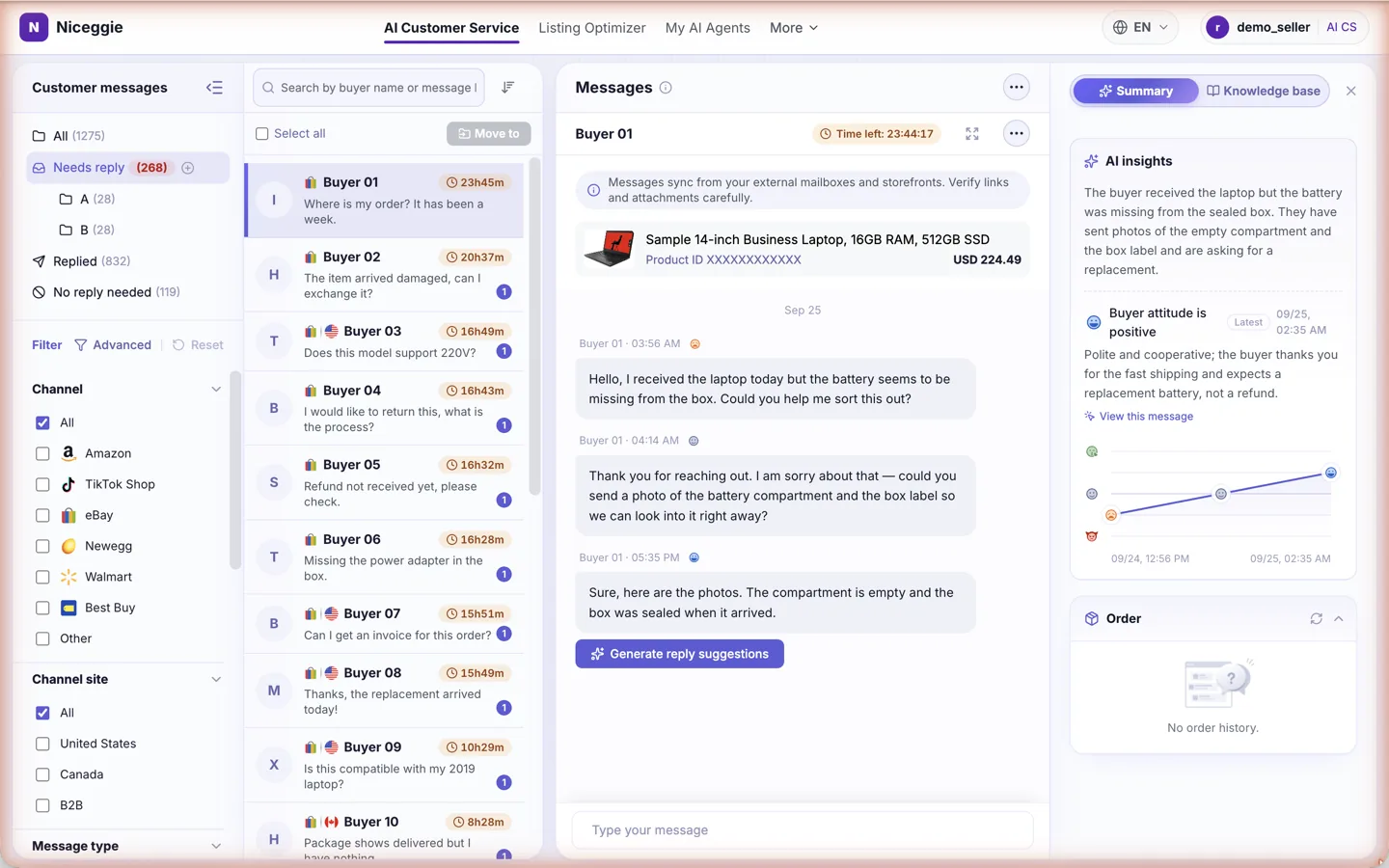 AI Customer Service workbench — folders and filters on the left, the conversation list, the buyer thread with the composer in the middle, and the AI insights panel on the right