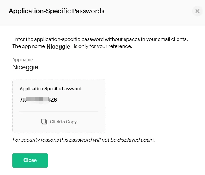 Zoho Mail generated App Password result