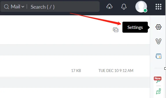 Zoho Mail settings entry point