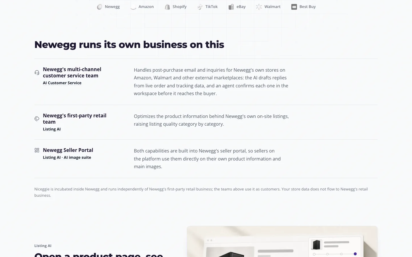 Newegg runs its own business on this — which Newegg teams use AI Customer Service and Listing AI, and the data-independence statement