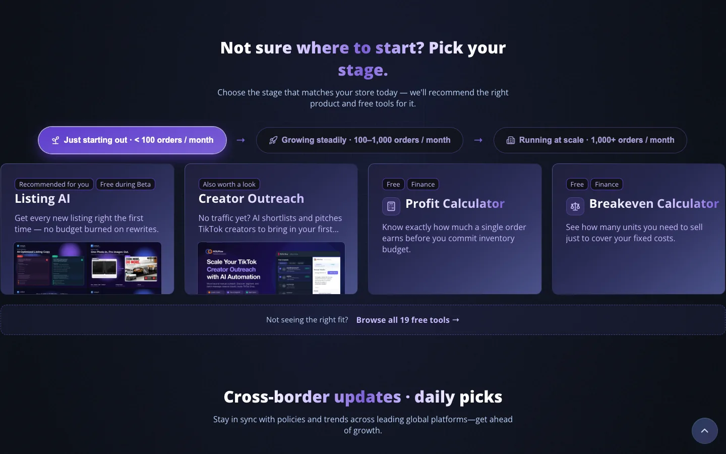 Pick your stage — stage-based product and free-tool recommender on the Niceggie homepage