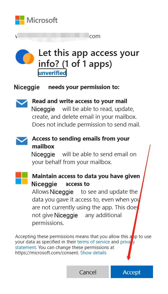 Microsoft OAuth認証確認ウィンドウ。Acceptをクリックしてニックエギー(Niceggie)によるメールボックスへのアクセスを許可します