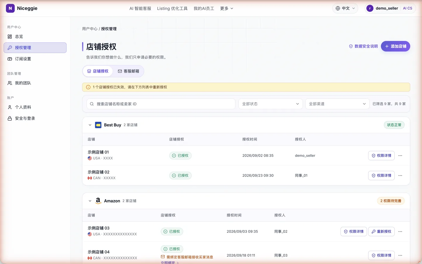 授权管理 → 店铺授权 —— 按平台分组的店铺列表,含状态、授权时间与操作