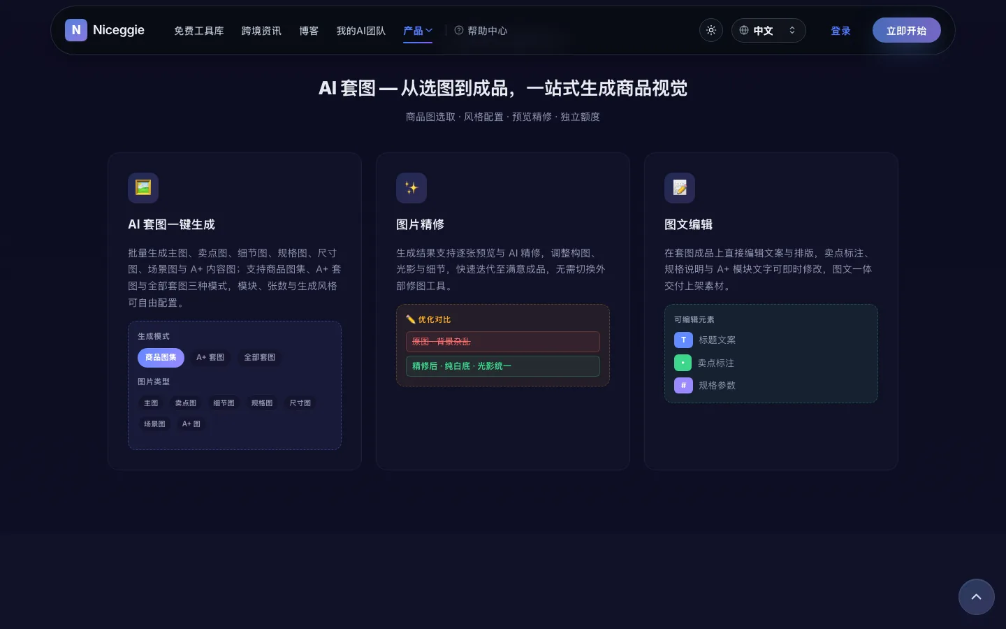 AI 套图 — 一键生成、图片精修、图文编辑,从选图到成品一站式生成商品视觉