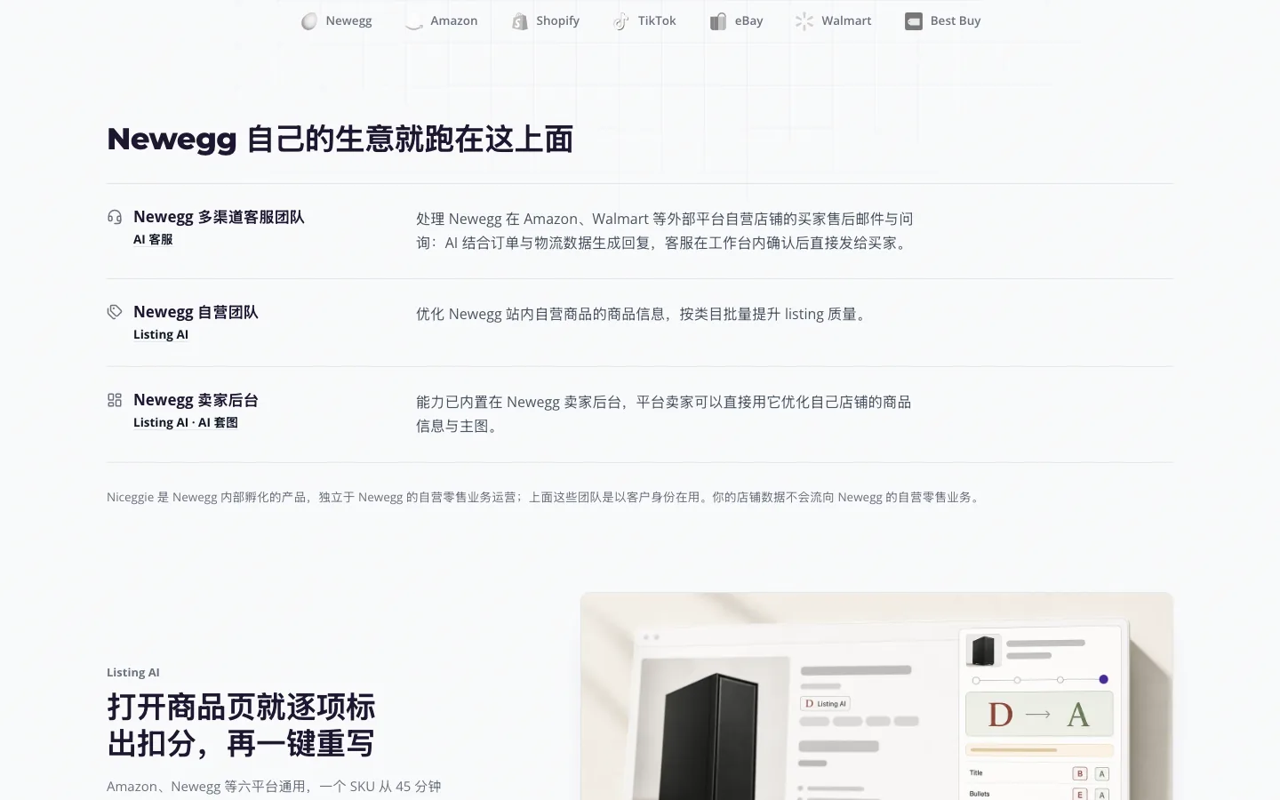 Newegg 自己的生意就跑在这上面 —— Newegg 各团队分别在用 AI 客服与 Listing AI,以及数据独立性说明