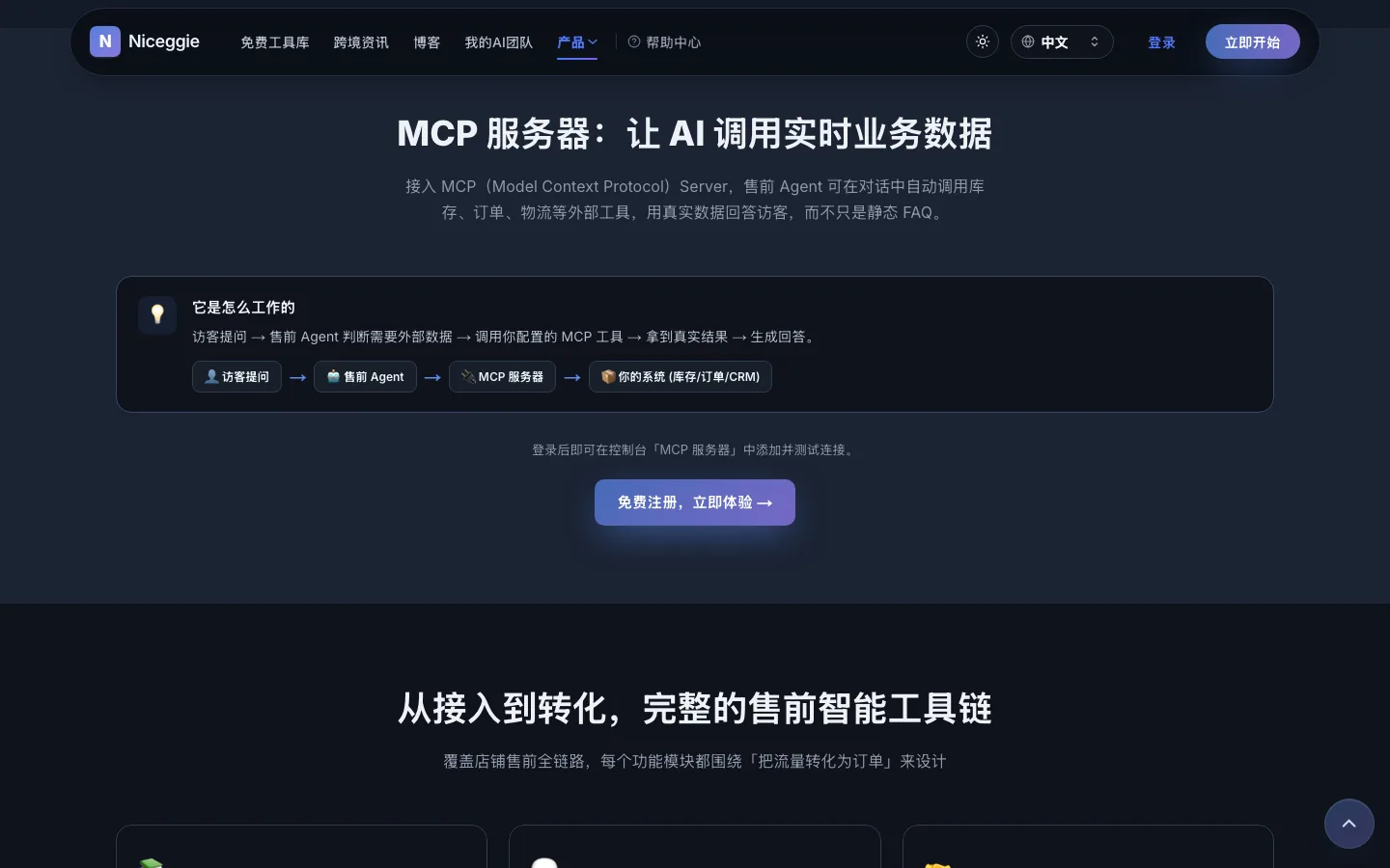 MCP 服务器 — 访客提问经由售前顾问调用 MCP 工具，连接库存、订单、CRM 等业务系统