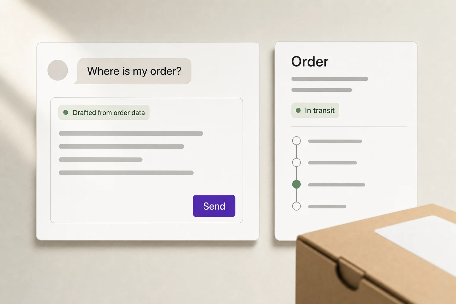 AI Customer Service console: filters and conversation list on the left, the buyer thread and composer in the middle, AI insights, sentiment curve and order tracking on the right