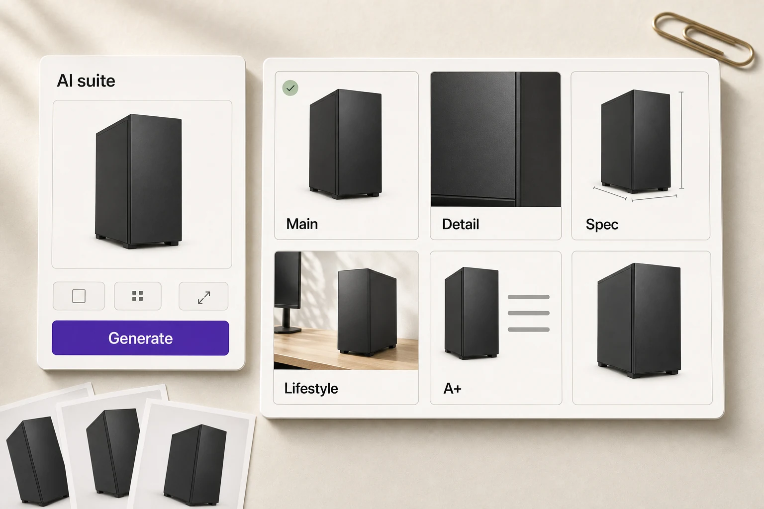 Listing AI one-click suite: a single photo of a black PC case on the left, and the generated main, detail, spec with dimension lines, lifestyle and A+ images on the right