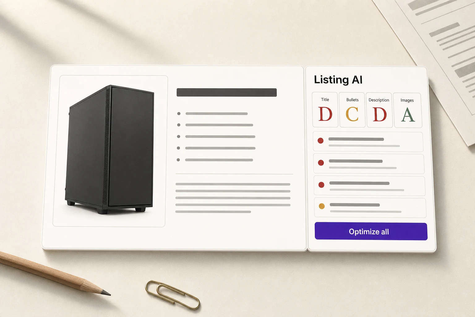 Listing AI diagnosis panel docked on a product page: title, bullets, description and images graded separately, with every deduction reason listed below