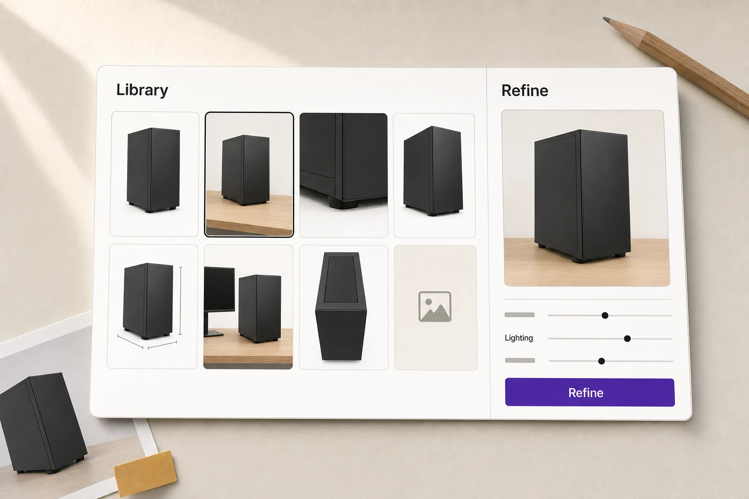Listing AI library and refinement: eight generated thumbnails of one product, one selected, with composition and lighting sliders on the right