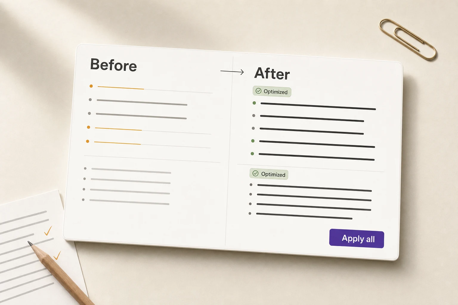 Listing AI before/after: deduction lines in the original copy marked amber on the left, the rewritten title and bullets marked Optimized on the right, and one Apply all button