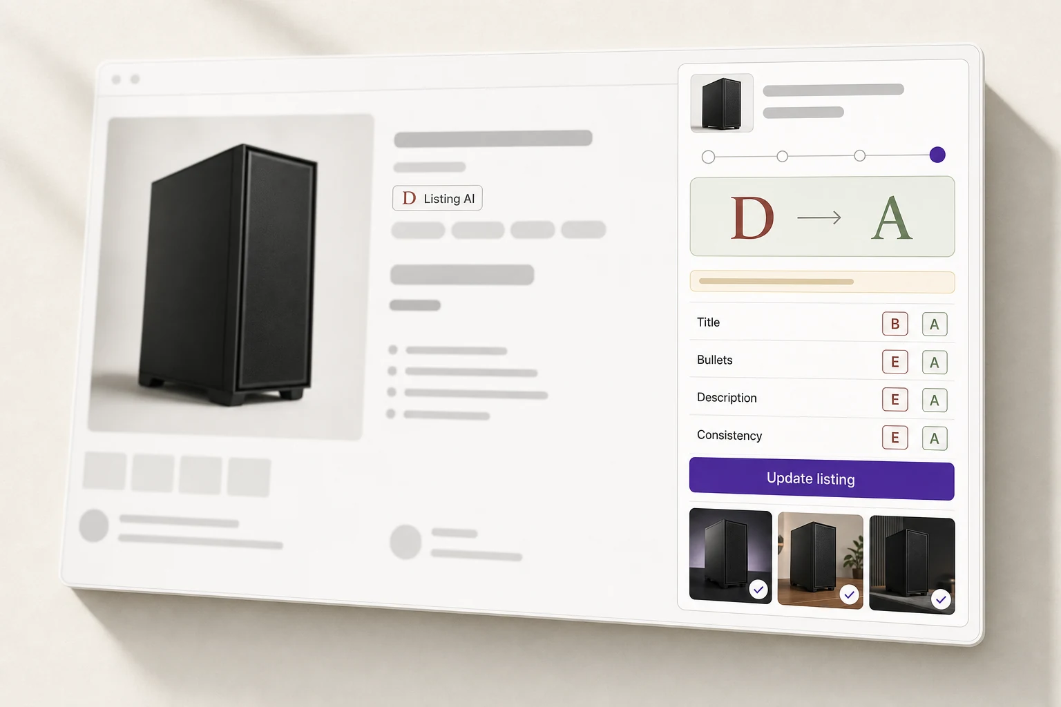 Listing AI extension panel docked on a product page: the overall grade rising from D to A, before/after grades for title, bullets, description and images, and one Update listing button