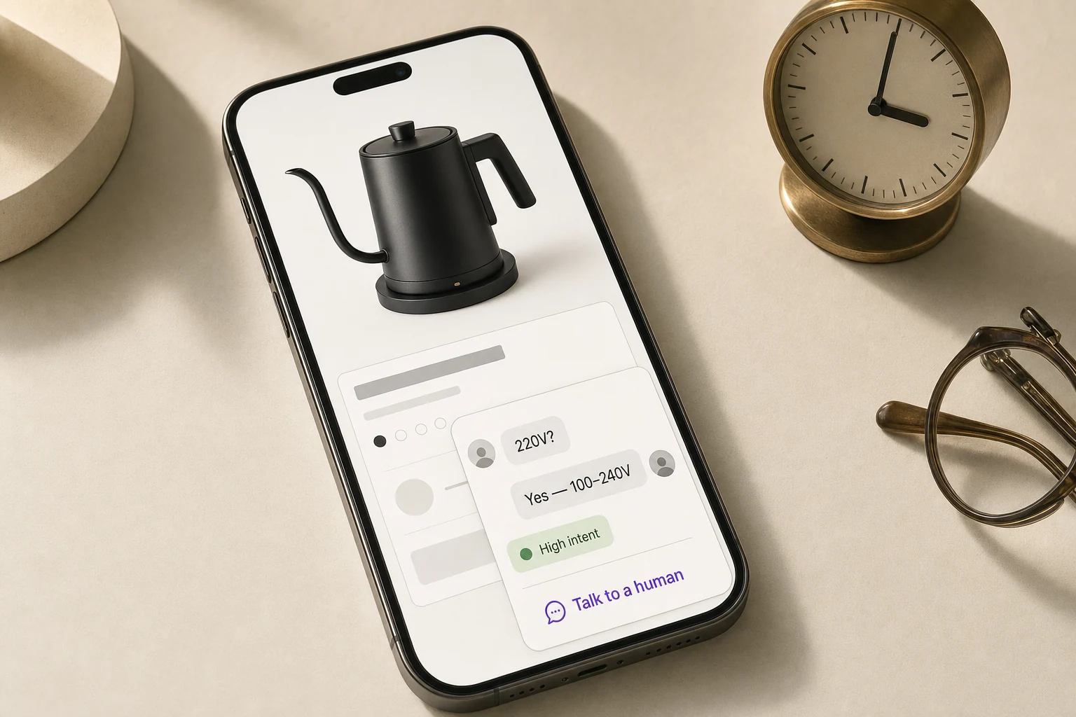 AI Presales Agent: the chat widget on a store product page answering "Ships to Canada?", flagging a high-intent visitor and offering a human handoff, with a desk clock reading three o'clock