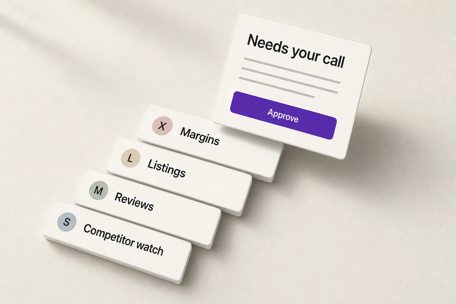 My AI Agents: role cards for four AI specialists and one decision card awaiting approval