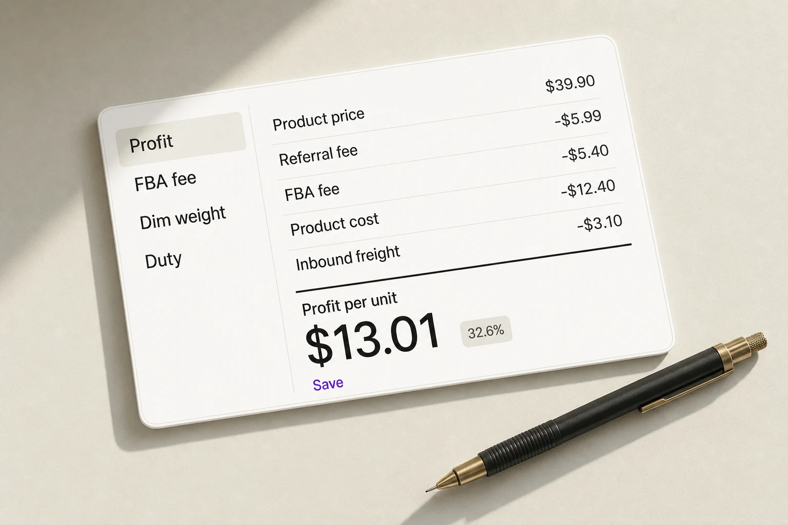 Free tools: the profit calculator card listing product price, referral fee, FBA fee, product cost, inbound freight and profit per unit