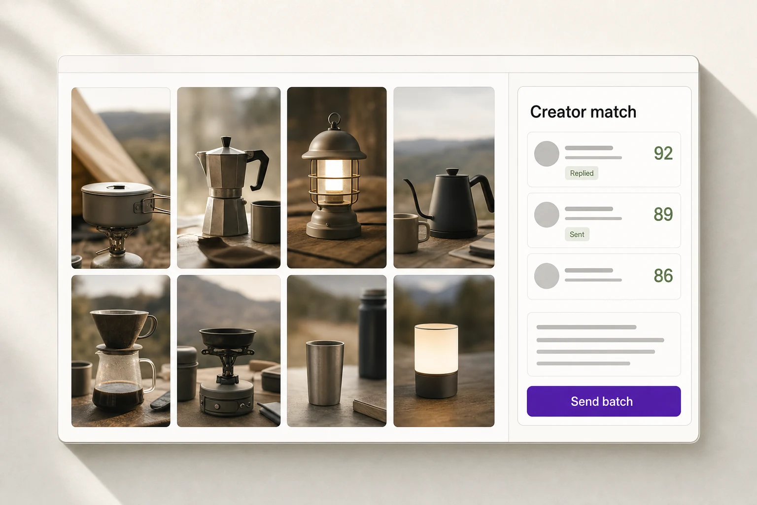 Creator Outreach: a grid of camping-gear short videos with the extension panel listing creator match scores and Replied / Sent status, and one Send batch button